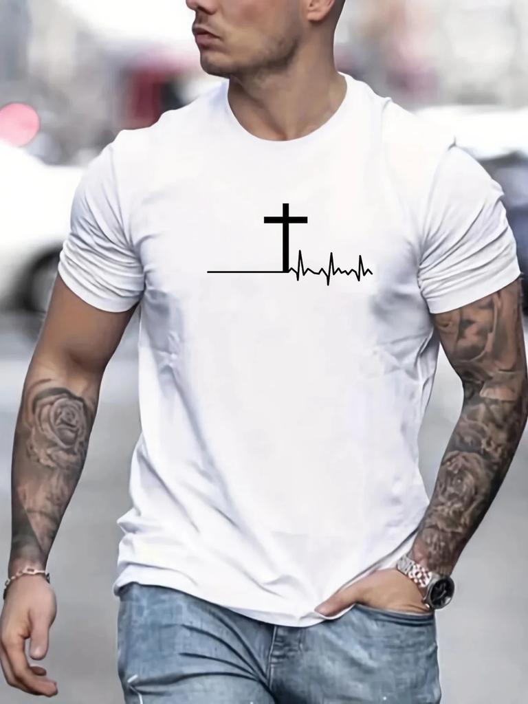 Summer Men's Loose T-shirt 100% Cotton Comfortable Fashion Cross Print Slim Casual Sports Round Neck Short-sleeved T-shirt Top