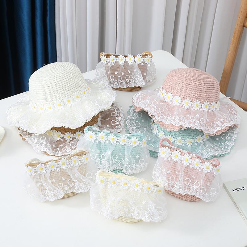 New Baby Straw Hat With Handbag Flower Lace Breathable Beach Hat Bags Kids Hat Boy Girls Floral Sun Visor