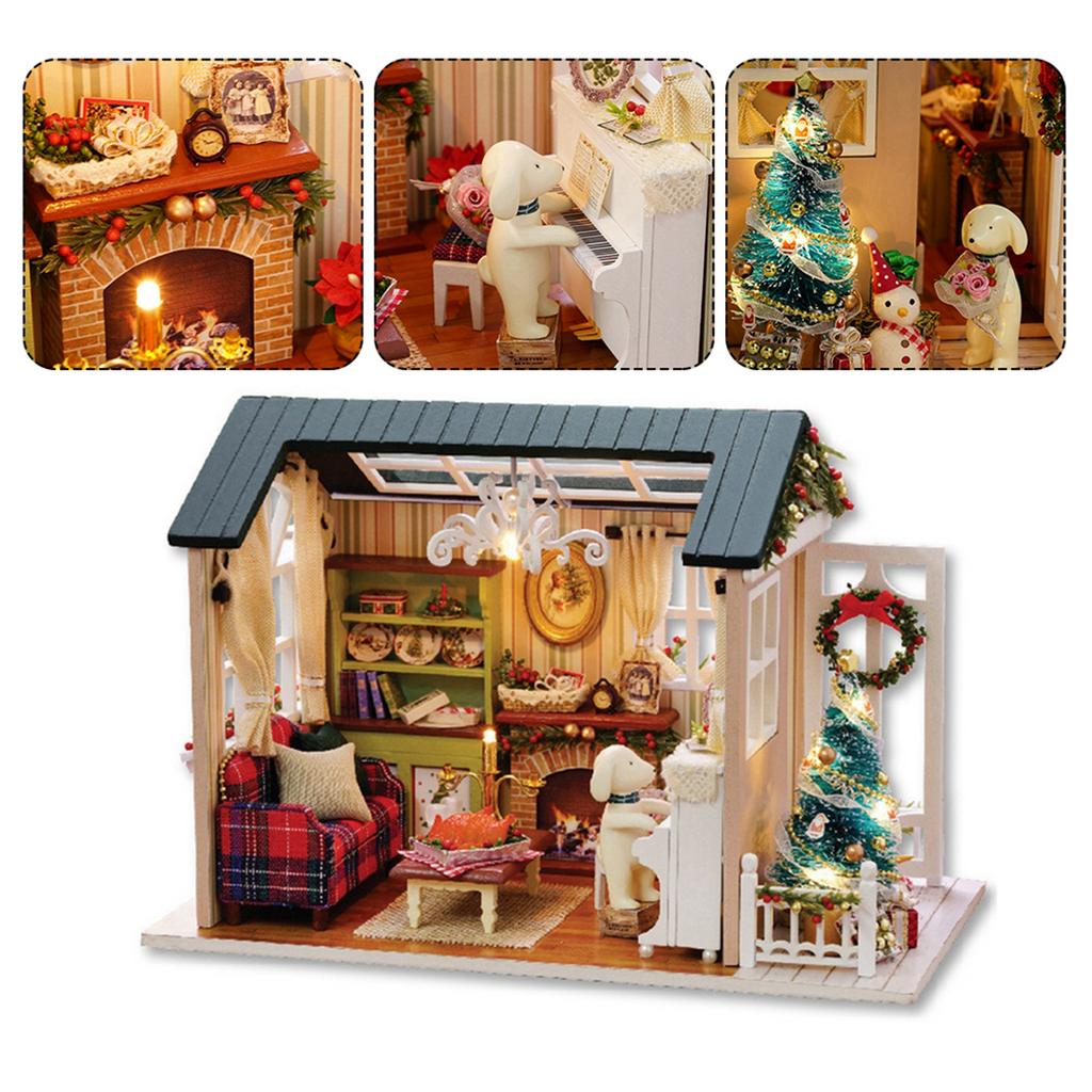 Miniature Wooden House Model with LED Light, Retro   Furniture Handcraft Kit for Developing
