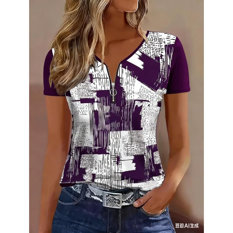 Women's T Shirt Zipper Quarter Zip Graphic Geometric Abstract Tropical Hawaiian Stylish