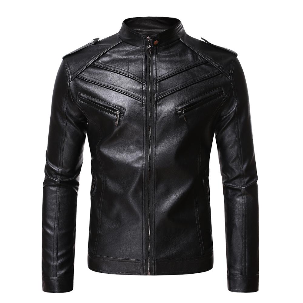 Autumn and winter new business gentleman thermal zipper cardigan PU leather jacket stand-up collar leather jacket