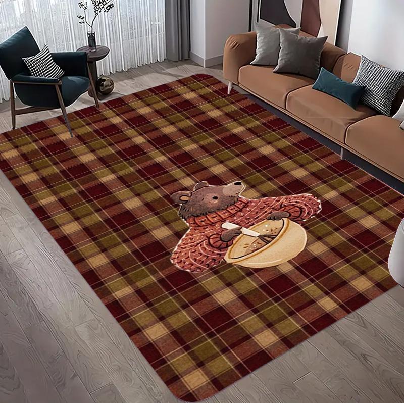 

Nordic Checkered Rug Brown Bear Coffee Pattern Camping Carpet Non-slip Washable Floormat for Bedroom Apartment Doormat Retro 40x60CM