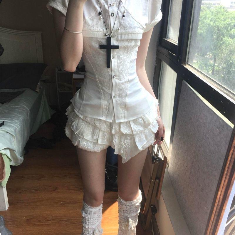 VAYLA Y2k Vintage Satin Lace Slim 2 Piece Set Women Chic Short Sleeve Shirt + Puffy Low Rise Bud Culottes Aesthetic Grunge Sexy Outfit
