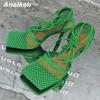 2025 Summer Sexy Mesh Pumps Sandals Female Square Toe High Heel Lace Up Cross-Tied Stiletto Hollow Dress Party Shoes 43