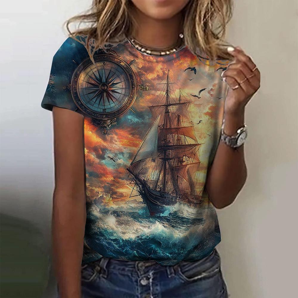 3D Printed Compass Anchor Pattern Women's T-shirt Summer Casual Round Neck Top Short Sleeve Loose T-shirt Daily Short Sleeve