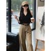 Flannel 1x1 Korean Off-Shoulder V-Neck Long-Sleeve Women's T-Shirt - Elegant, Chic, Fashionable Top