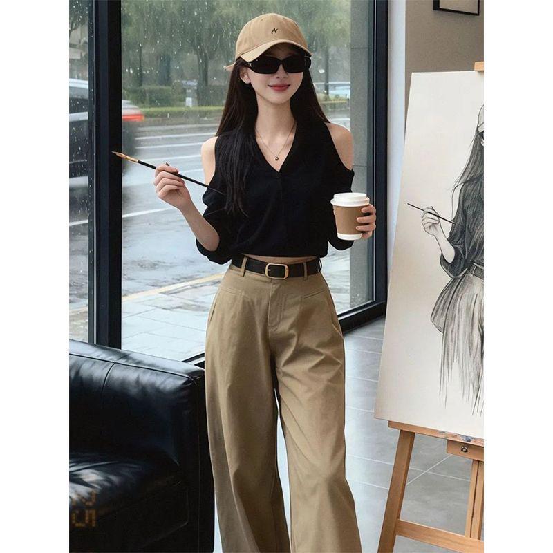 Flannel 1x1 Korean Off-Shoulder V-Neck Long-Sleeve Women's T-Shirt - Elegant, Chic, Fashionable Top