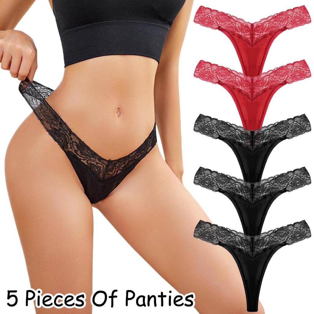 5-Piece Plus Size Women's Lace Low-Rise Thong Set