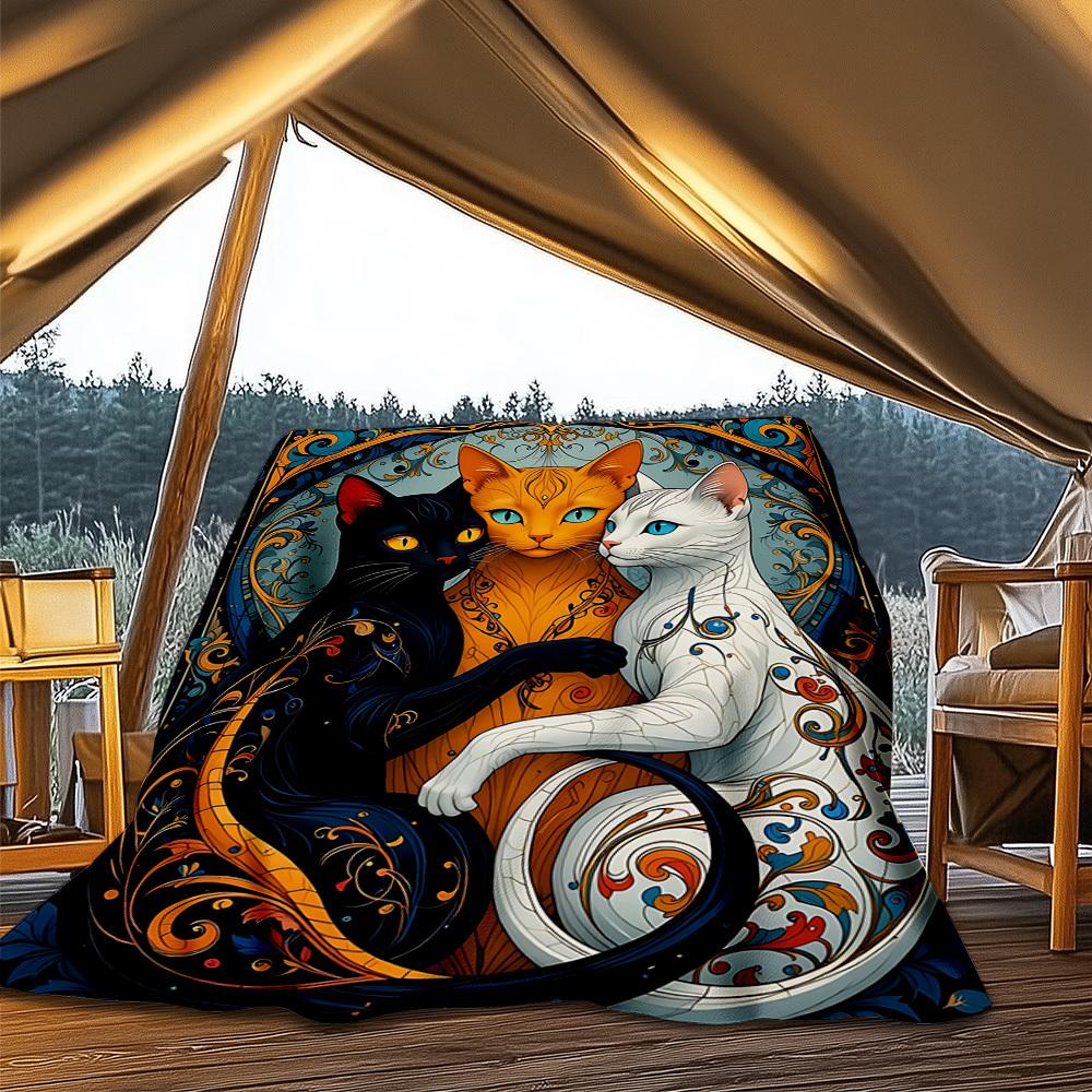 1pc Fantasy Cats Throw Blanket Polyester Fiber, Lightweight Flannel, Soft & Warm, All Season Use for Outdoor, Camping Digital Print