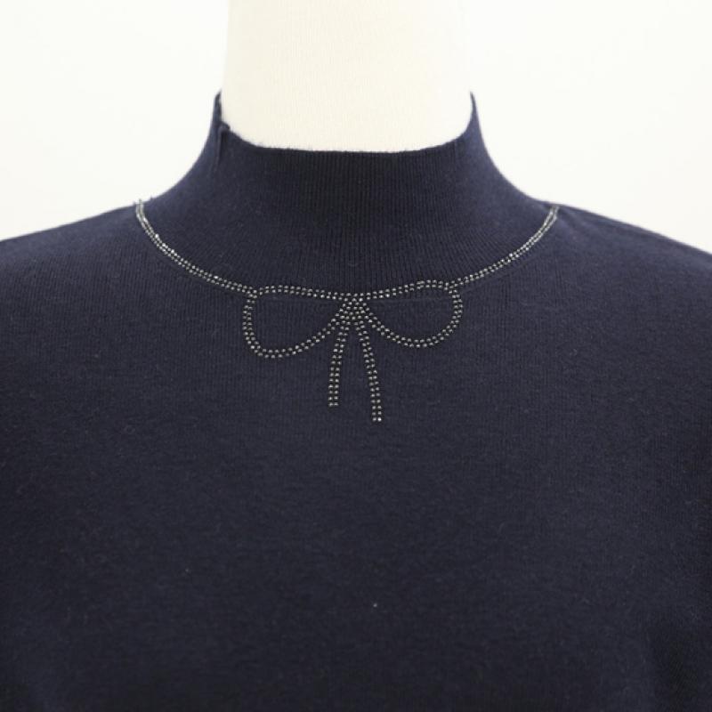 Shiz Madam Half Polo Knit With Ribbon Cubic Neck And Lace Sleeves T57446