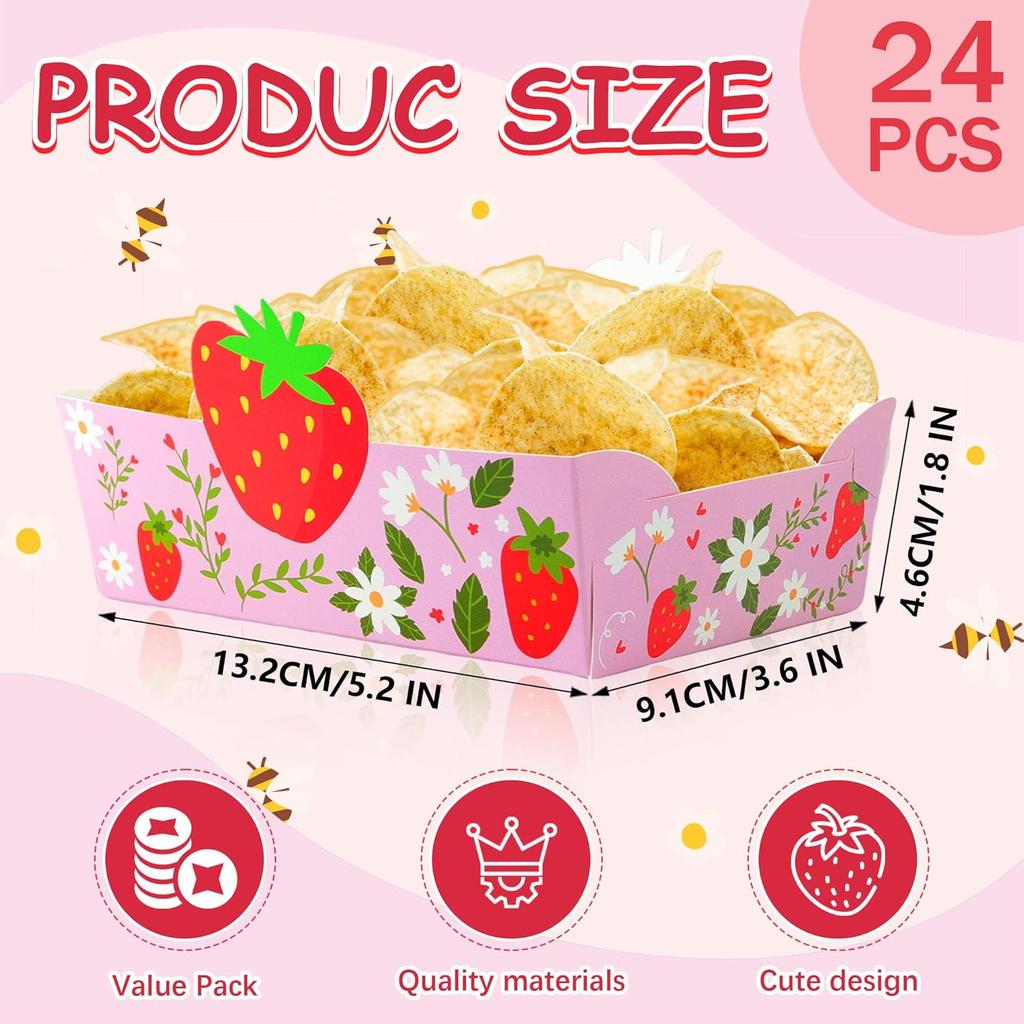 24Pcs Strawberry Paper Food Trays Cute Strawberry Snack Bowl Disposable Berry Dessert Boats for Strawberry Birthday Party Decoration Supplies