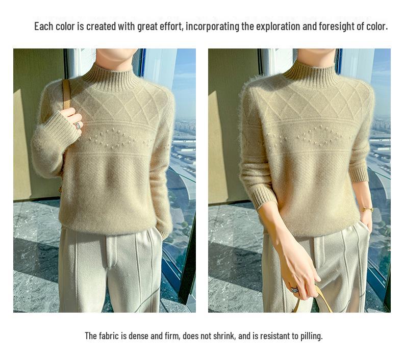 2024 Autumn/Winter Women's Wool Sweater: Thickened, Half-High Collar, Cable Knit, Loose Fit
