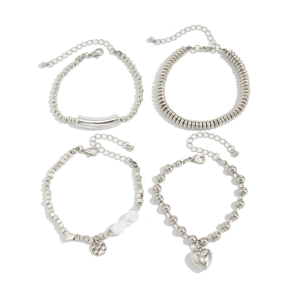 4-piece/set Fashion Imitation Pearl Metal Heart-shaped Pendant Bracelet for Women's Creative Silver Cubic Chain Jewelry