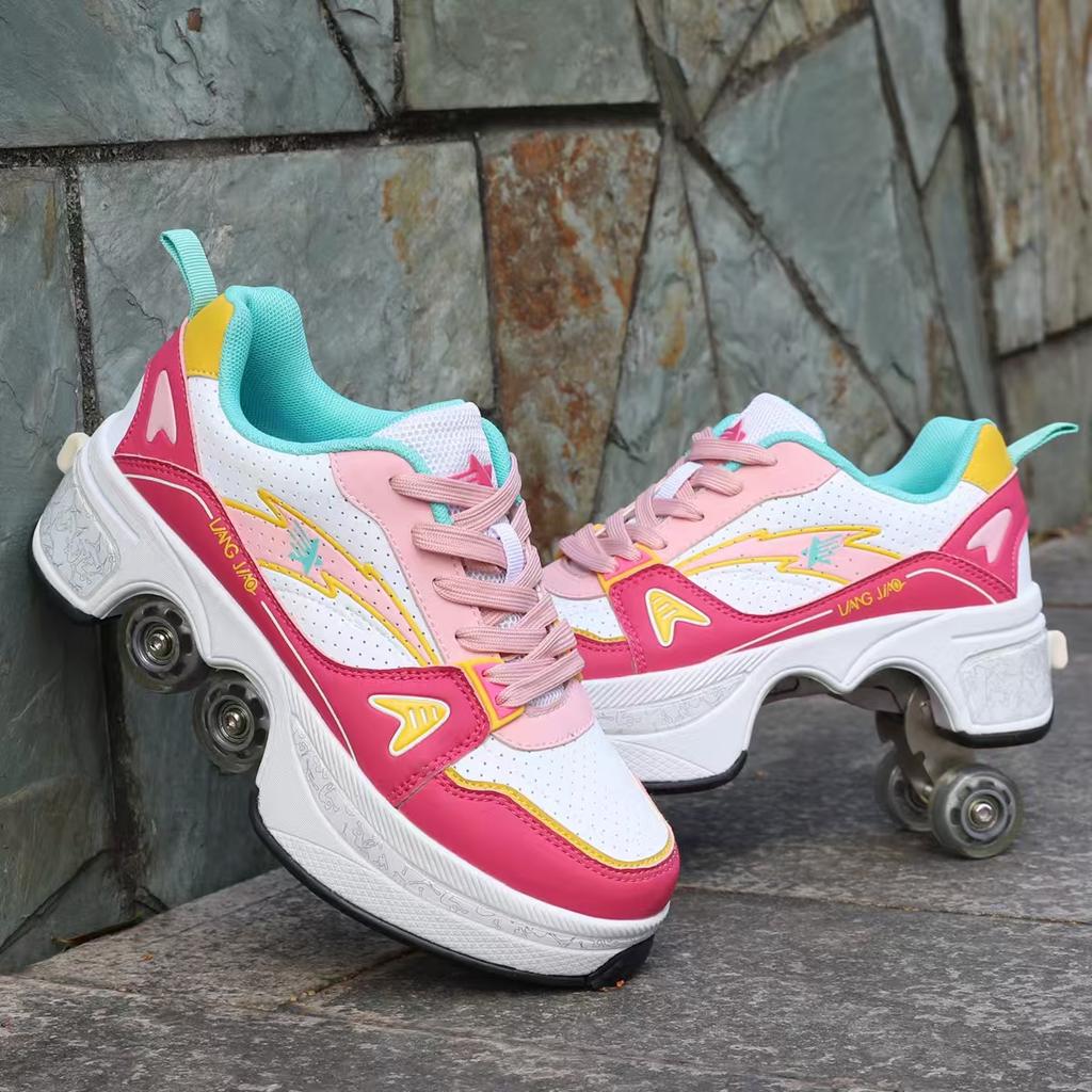 2025 Deform Wheel Skates Roller Skate Shoes Runaway Sneakers With 4-Wheel Casual Deformation Parkour Adult Children Rounds Walk