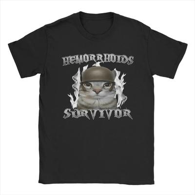 Hämorrhoiden Überlebender Lustiges Katzen-Meme Gehirnfäule T-Shirts Herren Reines Baumwoll-Freizeit-T-Shirt Rundhals T-Shirt Kurzarm Oberteile