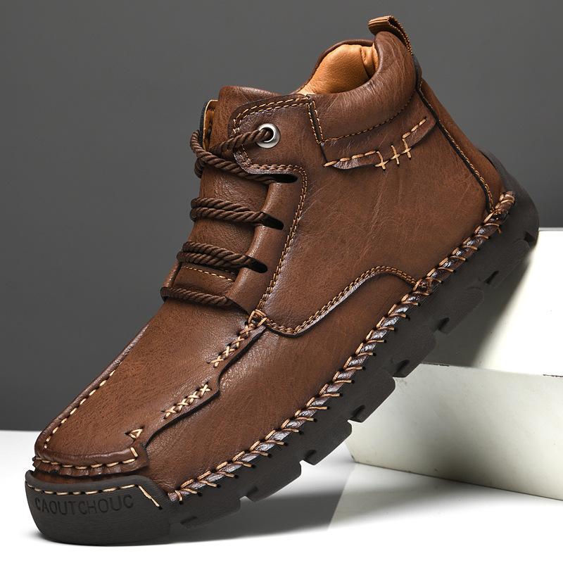 Martin Boots Men's Hand-stitched High-top Leather Shoes Men's Velvet Warm Cotton Shoes Large Size Retro Leather Boots