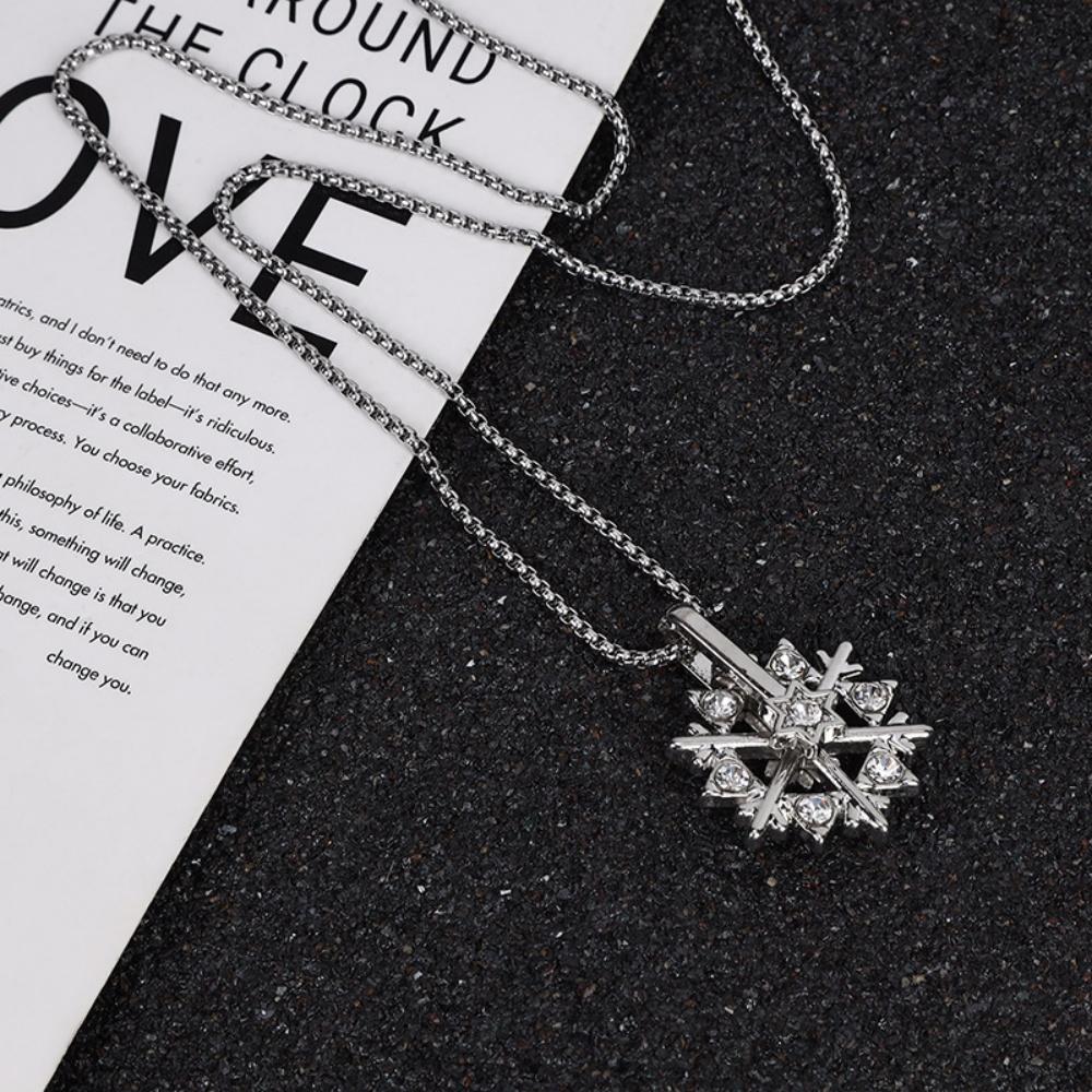 Shiny Zircon Flower Rotatable Pendant Necklace for Women Men Long Stainless Steel Chain Jewelry Gifts