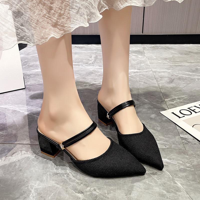 Pointed thick heel solid color fashion single shoes women's new two wear cool slippers women's fashion high heel sandals