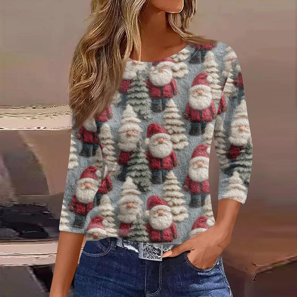 Women's Fashionable Casual Three Quarter Sleeve Christmas Printed Round Neck Top