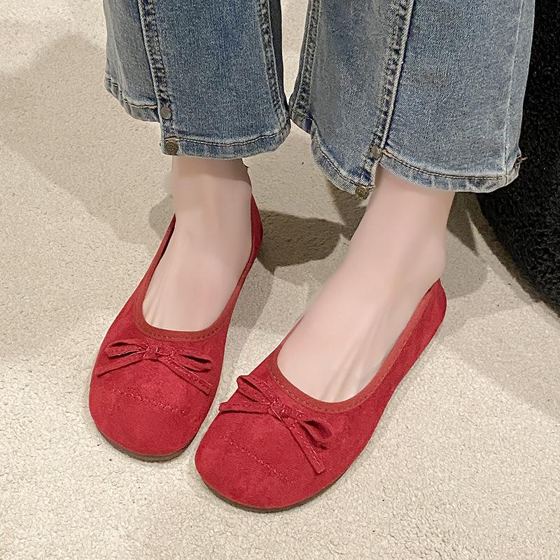 2025 summer new retro gentle ballet flats bow shallow mouth single shoes large size soft sole beanie shoes women