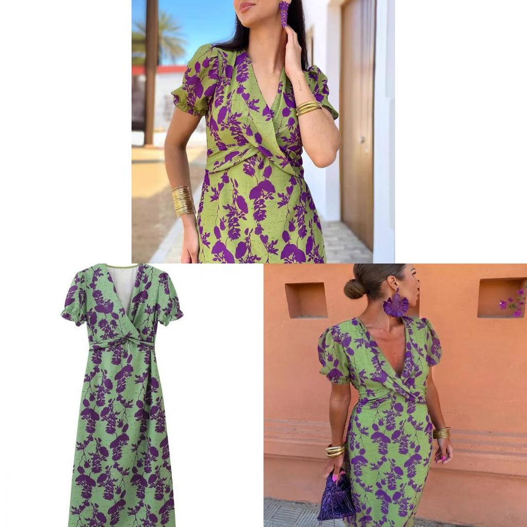 Vestido Aline Elegante de Verão em Poliéster com Estampa Floral e Decote em V para Mulheres