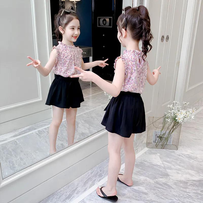 2PCS Children Clothing Set Spring Summer Girls Suits Printing Sleeveless Stripe Tops + Pants Clothing Set