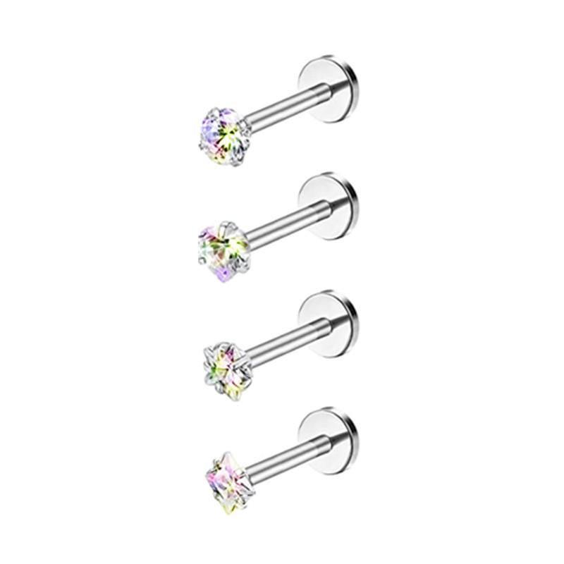 4PCS Heart Crystal Tragus Piercing Earring Set Flat Labret Piercing Set Lip Ring Lot Conch Cartilage Stud Helix Lobe Earring Set