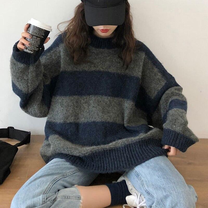 Utumn Vintage O Neck Knitted Pullovers Sweater Women Loose Casual Contrast Striped Sweaters Winter Warm Knitwear Jumpers 28594