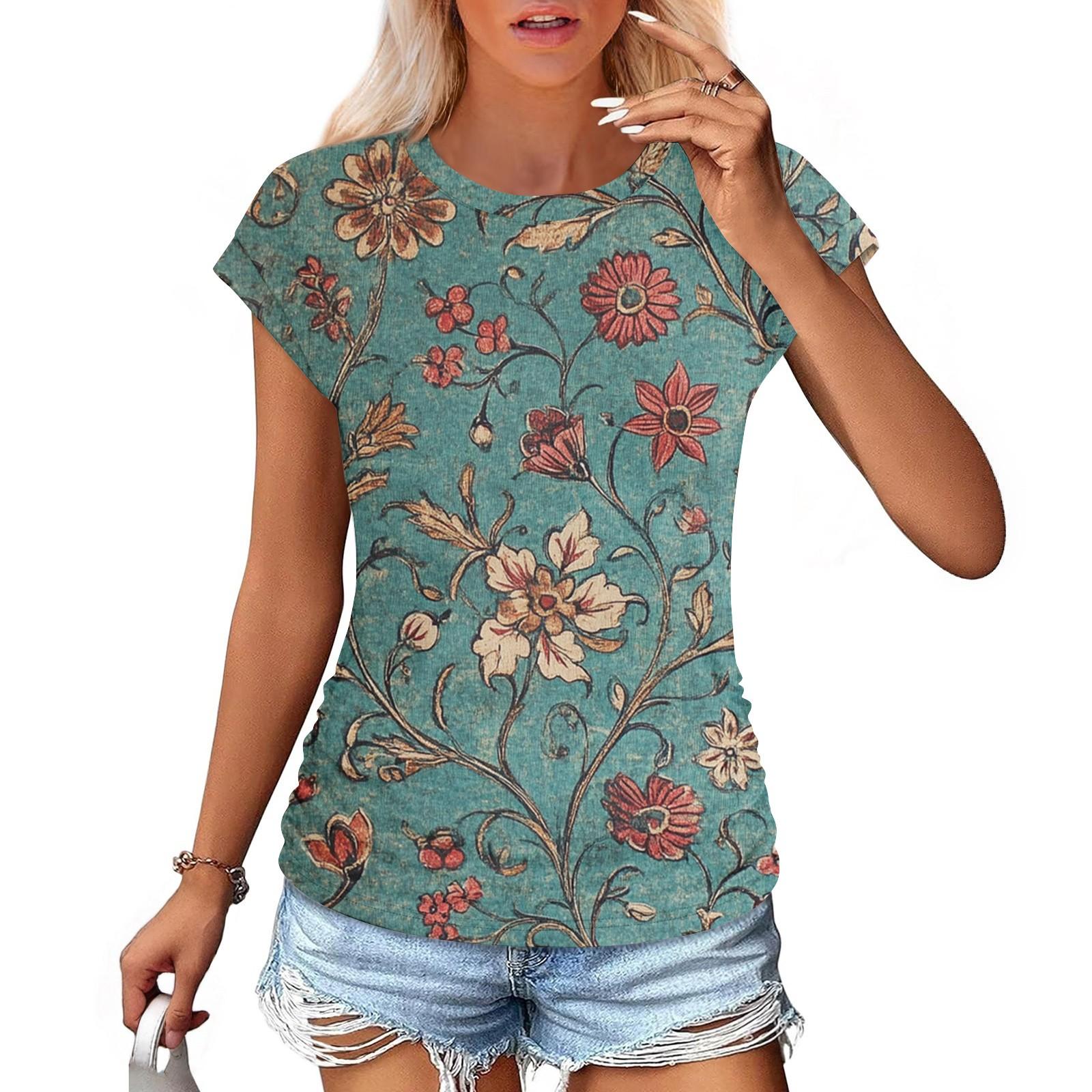 Women s Fashion Casual Slim Tie Waist Covered Sleeve Round Neck Vintage Printed T-Shirt Top L