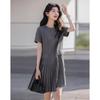 Demana Casual Style Women's Round Neck Pleated A-Line Midi Dress with Pockets