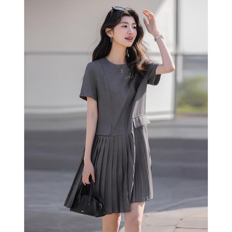 Demana Casual Style Women's Round Neck Pleated A-Line Midi Dress with Pockets