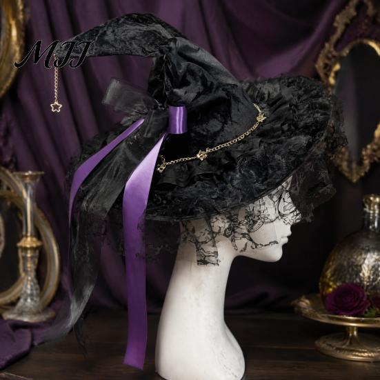 Durable Witch Hat for Party Women, Halloween Lace Wizard with Ribbon Bow, Black Decorations Home Mesh Veil Costume Accessory Adults, Fancy Dress,