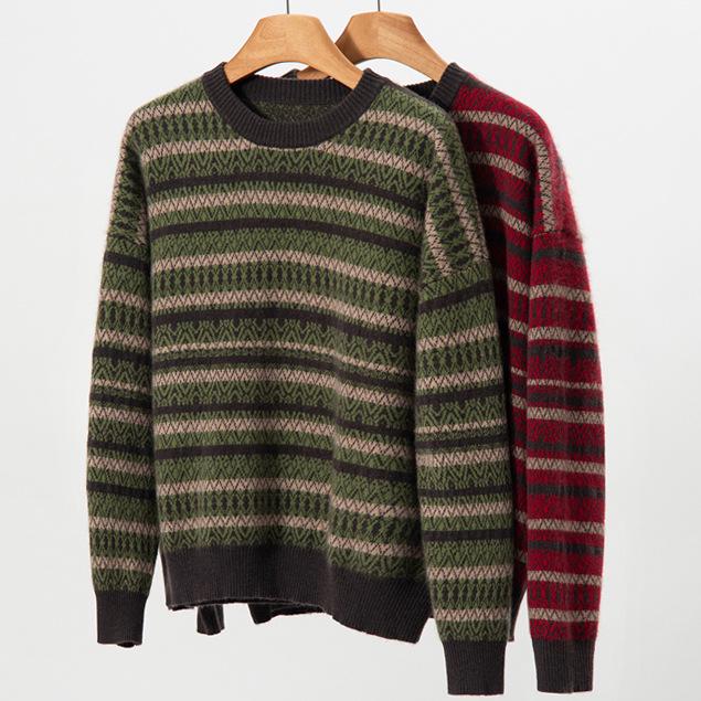 Women's Pure Cashmere Jacquard Stripe Sweater - Loose Fit, Round Neck, Autumn/Winter Style
