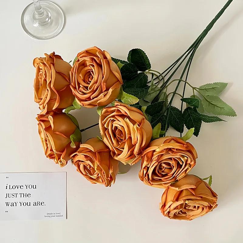 7 Heads Rose Artificial Wedding Home Decoration Brushed Cloth Simulation Rose Bouquet Home Hotel Decoration Fake Flowers