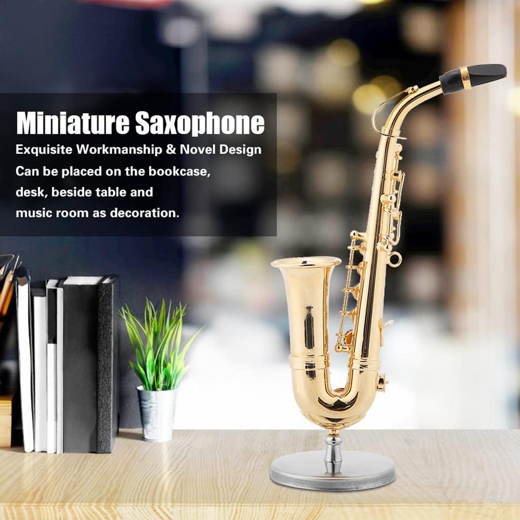 Miniature Alto Saxophone Replica with Stand and Case, Gold-Plated Instrument Model Decor