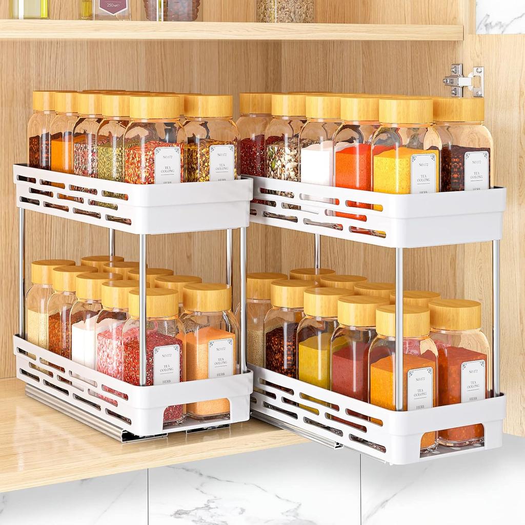 2 Tiers Cabinet Organizer Pull-out Plastic Storage Rack Seasoning Spcie Jar Storage Holder Home Kitchen Storage Organization
