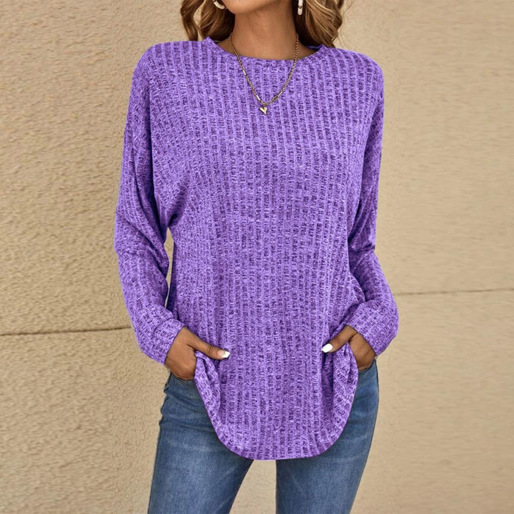 Women's Fashionable Solid Color Round Neck Long Sleeved Loose Fitting Pullover T-shirt Top