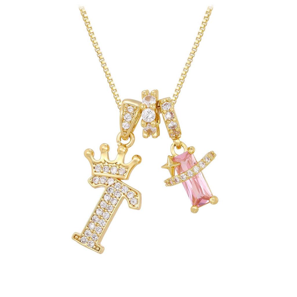 Copper Zirconia Letter Necklace with Gold-Plated Crown Pendant – Fashionable 26-Letter Accessory