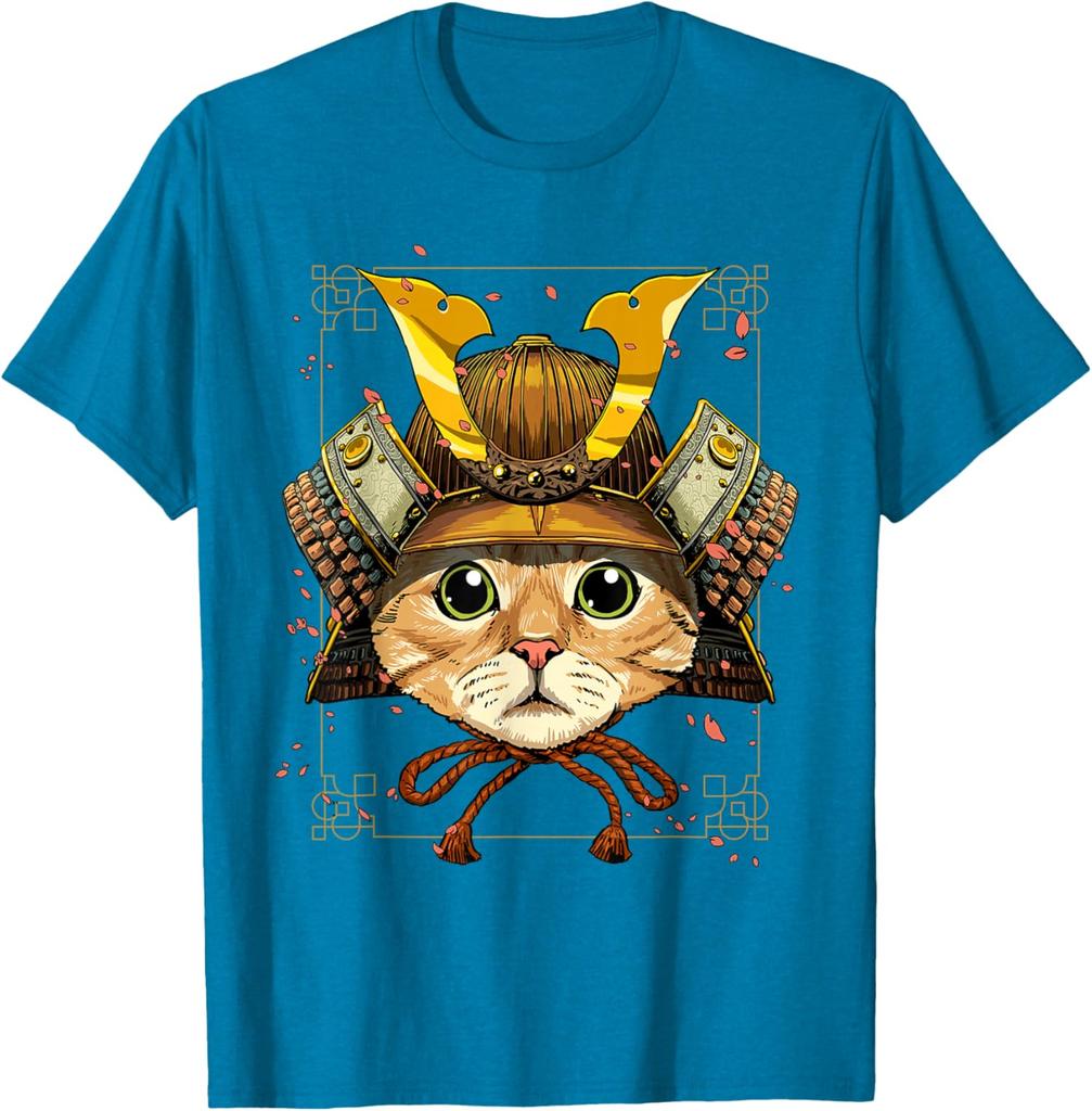 Samurai Cat Warrior Japanese Ronin Graphic Tee Breathable Casual Cotton T-Shirt for Men
