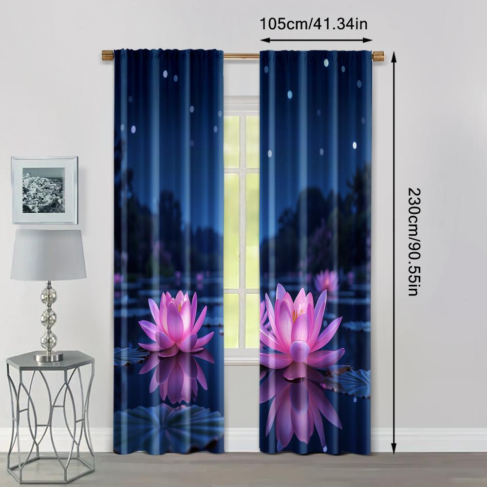 2pc,  Scene Curtains Elegant Pink Lotus Machine Washable Polyester,Without Electricity Wall Decor Suitable for Holiday Home