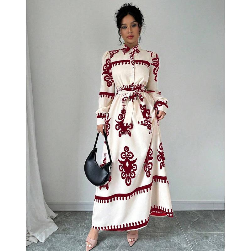 

Модные винтажные свободные повседневные платья с длинным рукавом, женские платья-рубашки с пуговицами и лацканами, А-силуэта, с принтом, женское длинное платье со шнуровкой и высокой талией, весна, новинка 25892 XXL красный