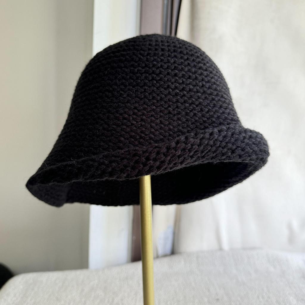 Japanese and Korean Autumn Wool Knitted Bucket Hat Women's Retro Curled Pullover Hat Warm Large Head Fisherman Hat