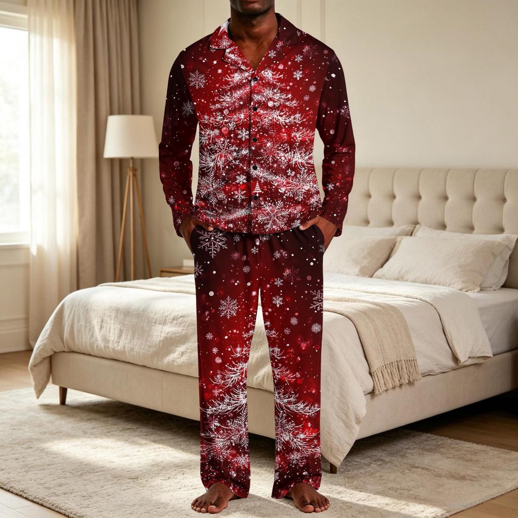 Men's Loose Fit Christmas Print Pajama Set with Button Down Top and Straight Leg Pants - Two Piece Holiday Sleepwear