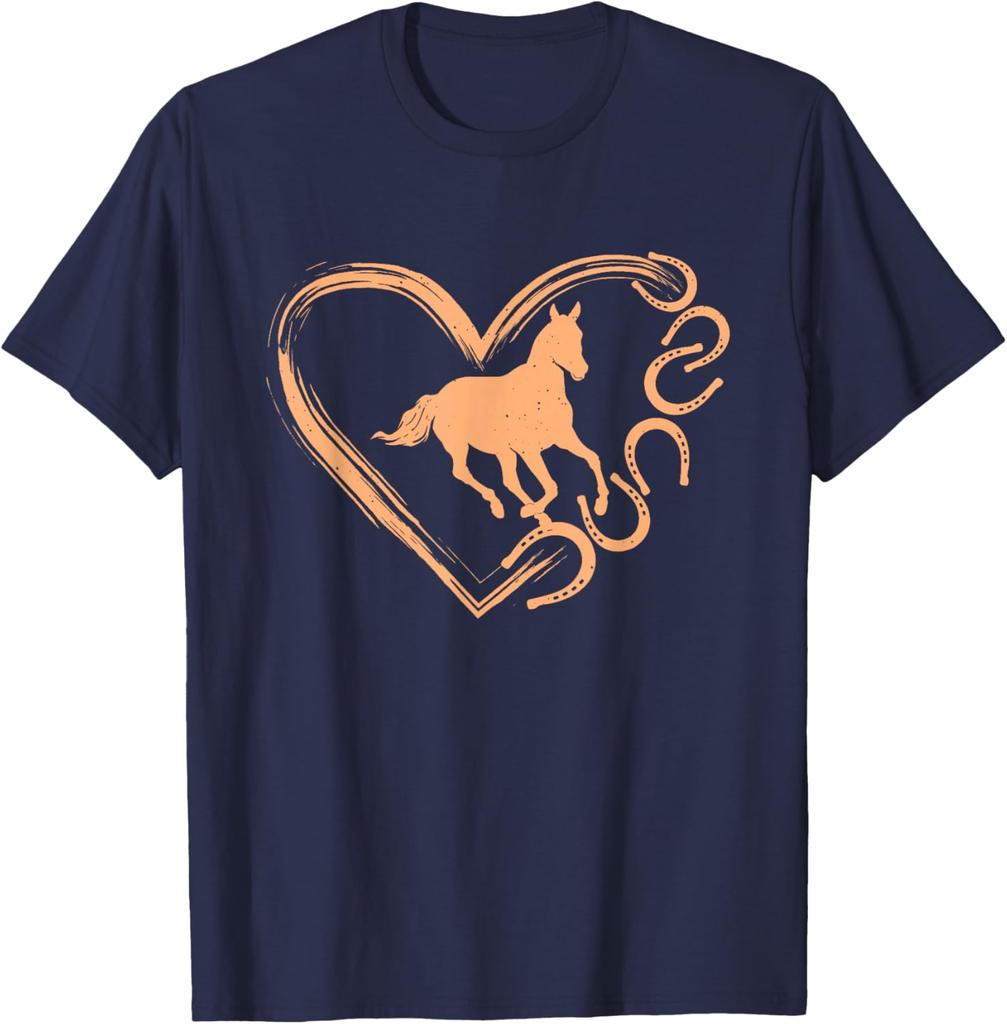 Pferdeherz Hufeisen Grafik Lässiges Baumwoll-T-Shirt Reitliebhaber Tee