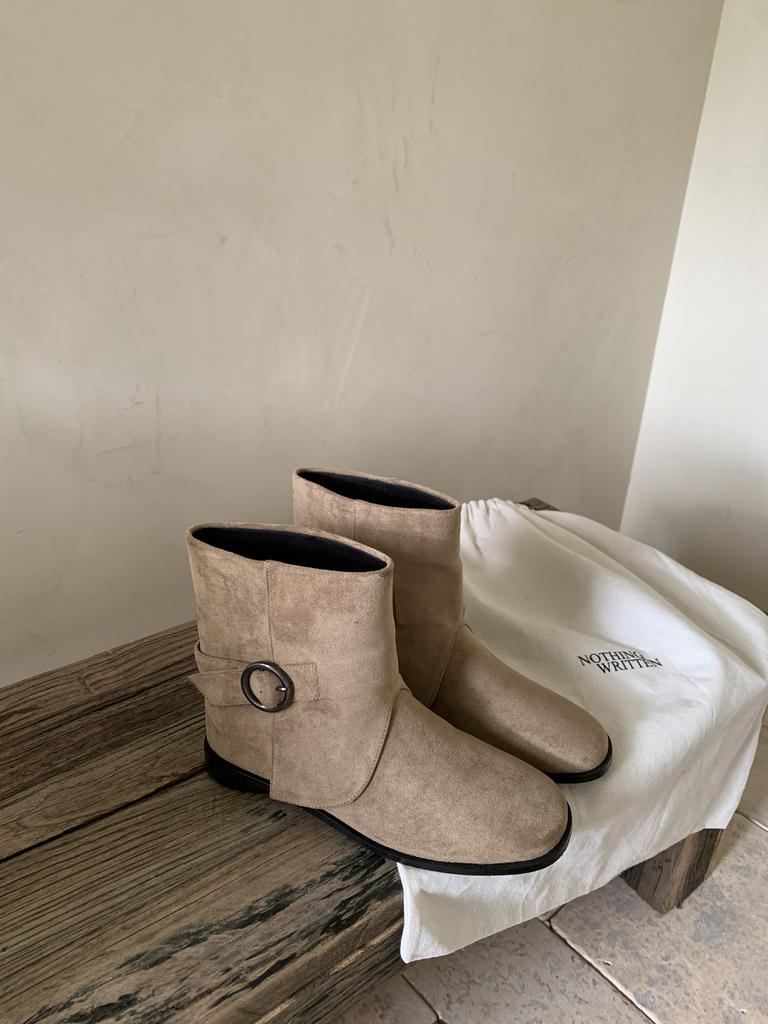 2025 autumn new round head suede thin low tube belt buckle short boots versatile thick heel foot cover western cowboy bare boots