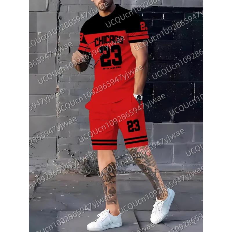 Summer Men's Chicago 23 Print Short Sleeve T-Shirt & Shorts Set Round Neck Gradient Short Sleeved Women's T-shirt Shorts Set