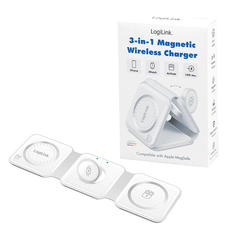 LogiLink 15W Foldable Qi 3-in-1 Wireless Charger for iPhone Apple Watch AirPods White