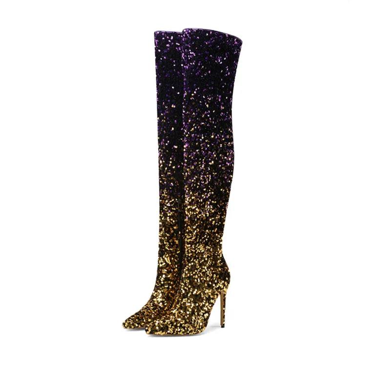 Europäische und amerikanische sexy Paillettenstoffe mit Farbverlauf, High Heels, Seitliche Reißverschlüsse, Knielange Mode-Stiefel, Damenstiefel mit dicker Sohle