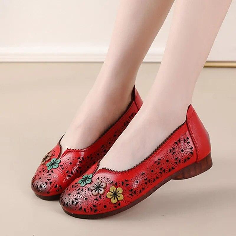 Johnature Versatile Flat Sandals Ethnic Style Genuine Leather Soft Sole Hollow Breathable Women's Shoes