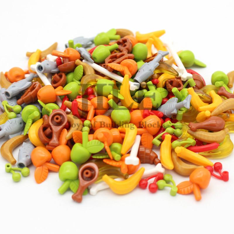 Moc Food Blocuri de construcție Piese Fructe Fructe Farfurie Tobă Cârnați Os Cărămizi DIY Set în vrac Compatibil cu Jucăriile City View Cântăresc
